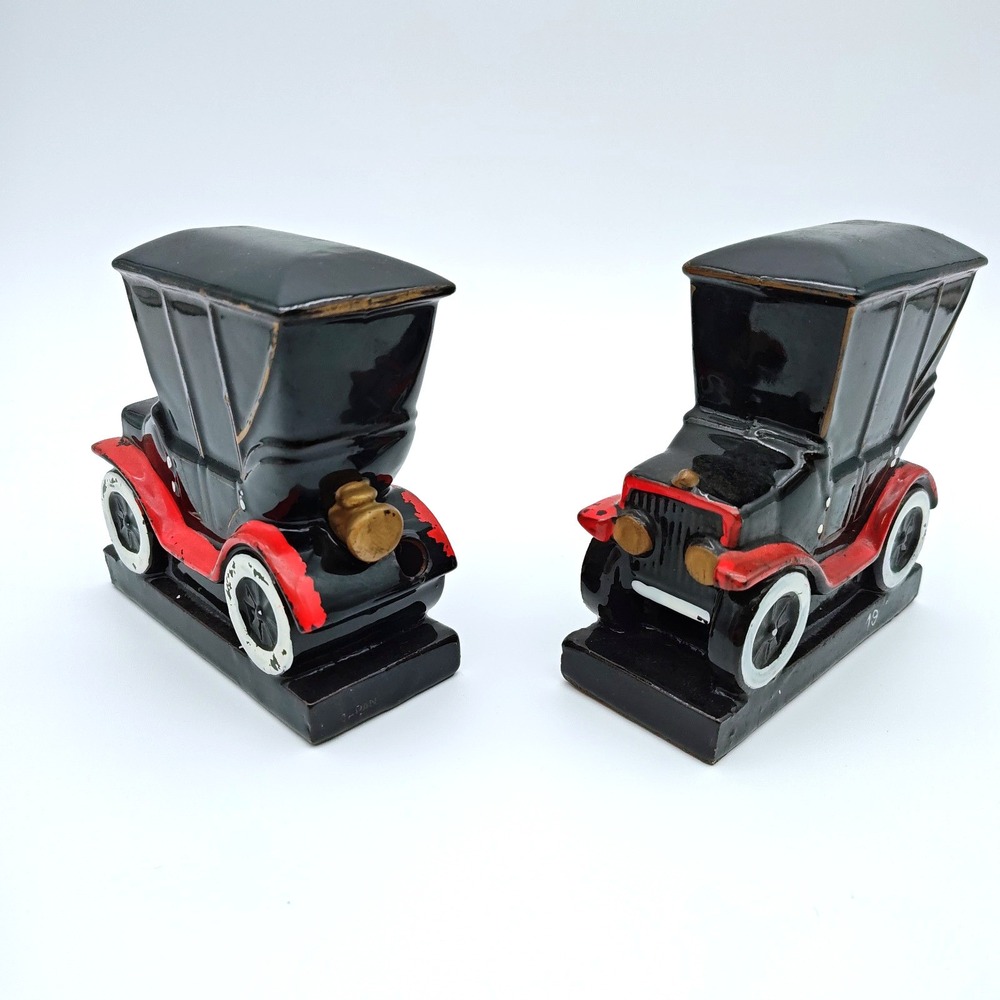Vintage Ceramic‎ Car Bookends Black Red Antique Automobile Set - Art Deco Style